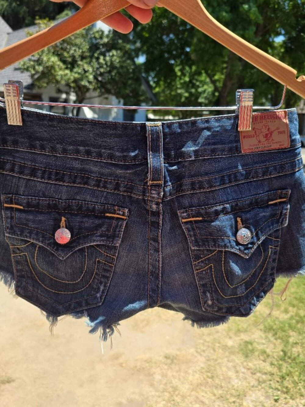 True Religion Joey Cut Off Denim Shorts Size 29 Made in USA Low Rise Frayed